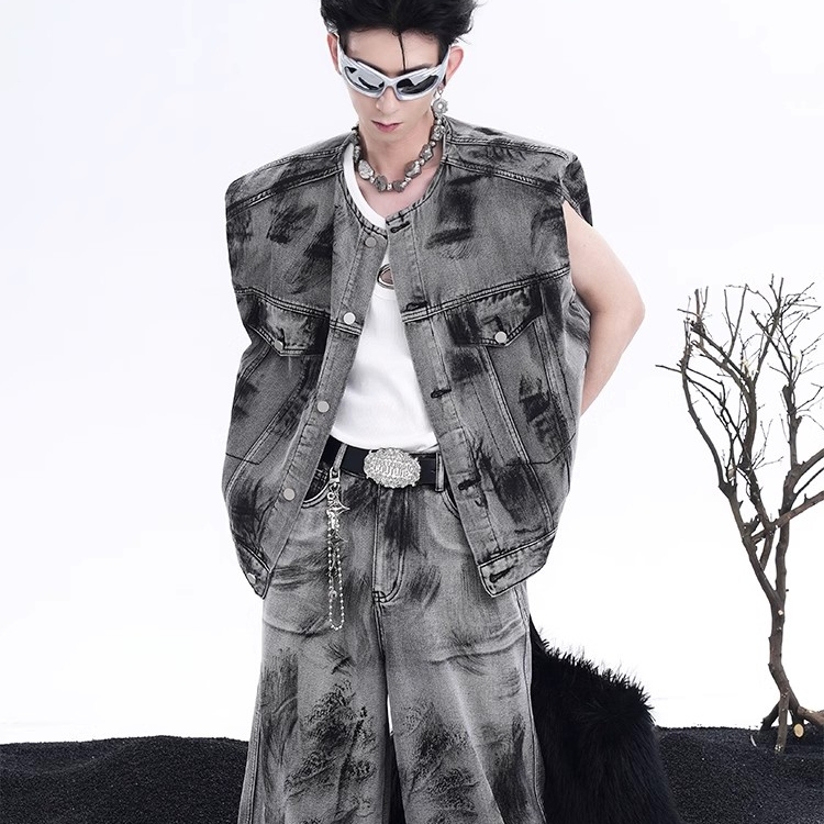 American Street Graffiti Dirty High-Street Denim Jacket Men's Vest Loose Tank Top Floor-Length Pants Cool Outfit