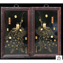 Folk collection of old porcelain plate paintings by Shining mahogany framed filigree enamel color Wu Wealth God pair pattern porcelain plate paintings