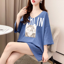 2021 summer new maternity dress loose large size medium length V-neck short-sleeved T-shirt womens top base shirt western style