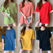 Maternity summer new cotton base shirt medium and long solid color t-shirt womens short-sleeved top loose large size wild