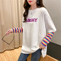2021 spring new cotton maternity embroidery printing fake two-piece striped long-sleeved T-shirt womens base shirt loose