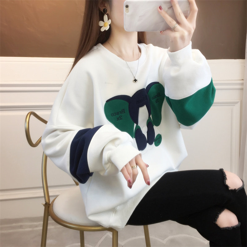 2022 spring new gestational woman in Korean version splicing cartoon long sleeve thick cotton T medium long version blouse T-shirt female boomer