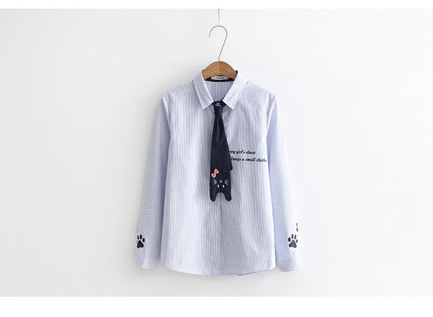 Mùa xuân mới mềm mại của em gái đại học gió mèo dễ thương thắt cà vạt hoang áo dài tay áo sọc nữ áo sơ mi nữ form rộng