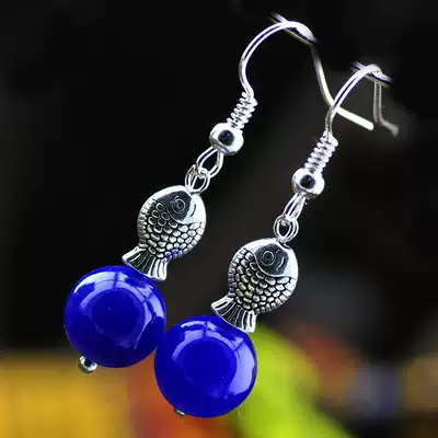 Retro original 10mm blue agate seedling Silver small fish earrings women's jewelry Chinese National style 358E