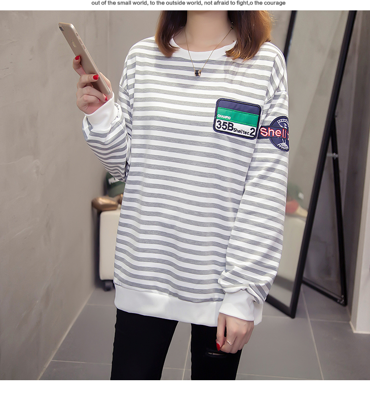 Mỡ mm cộng với phân bón XL Phiên bản Hàn Quốc của áo sơ mi đáy rộng, áo thun dài tay nữ mùa thu 200 cân sọc mỏng áo phông gucci nữ