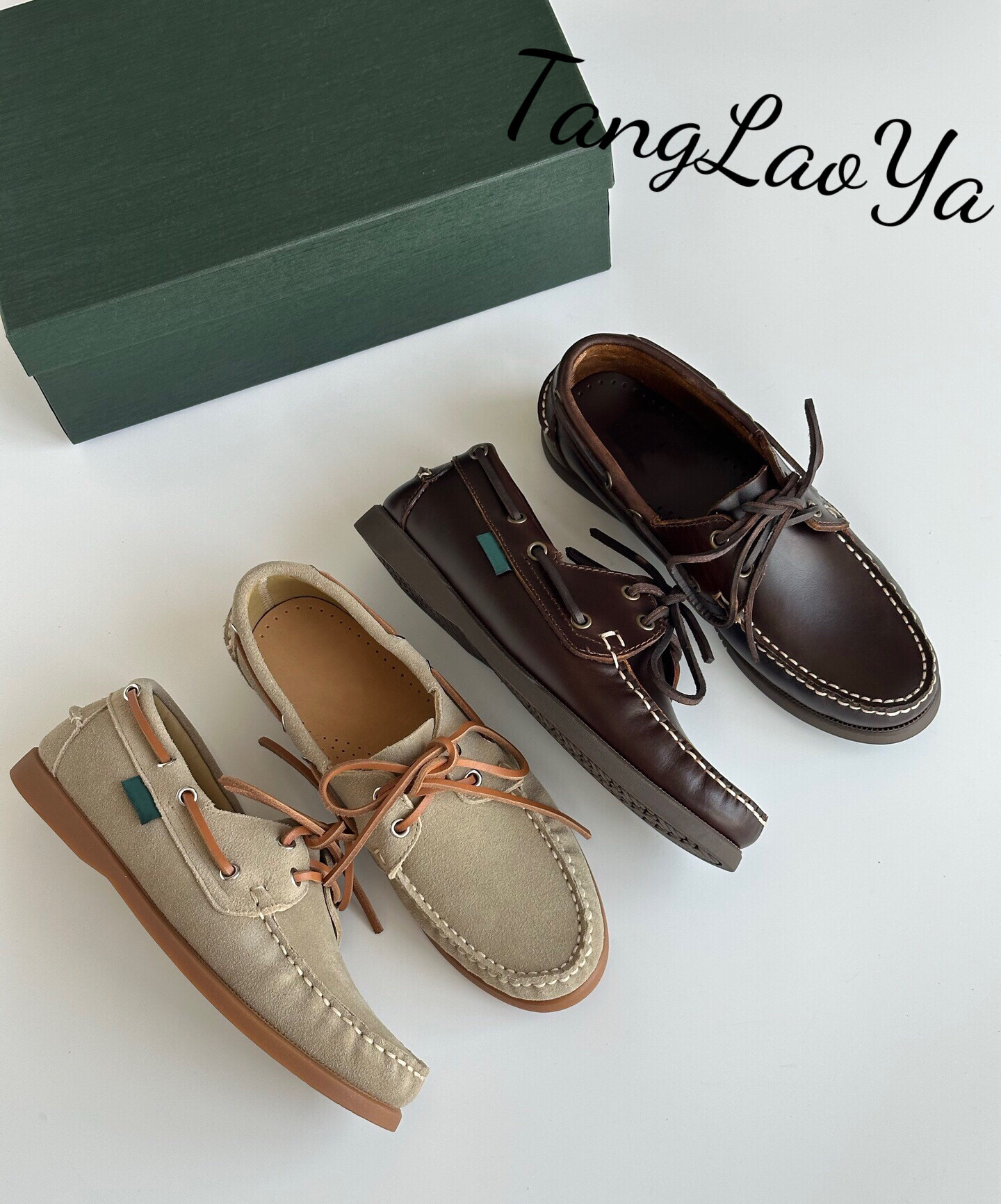Original export overstock retro college style boat shoes, waxed cowhide round toe flat shoes, handmade loafers