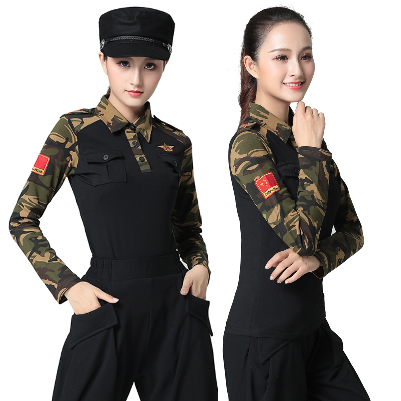 Spring and autumn new sailor dance black lapel long-sleeved T-shirt for women large size cotton camouflage stitching slim-fit top for men