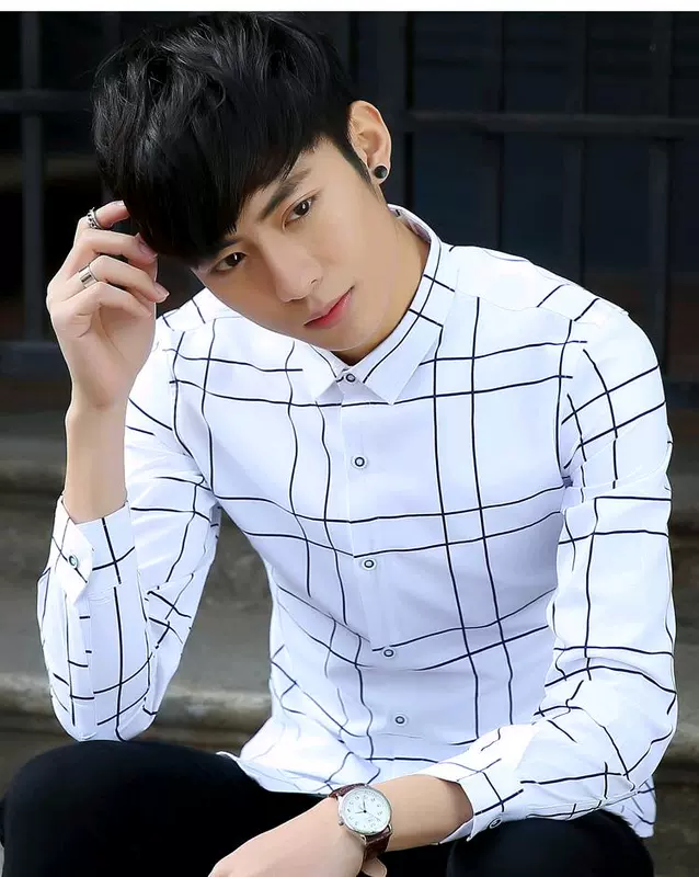 Mùa đông nam trẻ trung cộng với áo nhung dài tay dày thời trang mới Thời trang mỏng Hàn Quốc áo sơ mi ấm