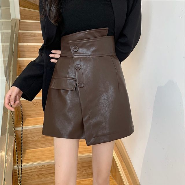 Plus size ins leather shorts women's high waist-covering pants skirt autumn and winter new irregular a-line wide-leg pants slim boot pants trend