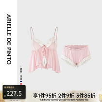 French ARIELLE DE PINTO feminine deep V lace stitching satin top and shorts two-piece set