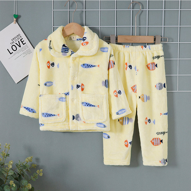 Autumn and winter children's flannel pajamas for big children and children warm plus velvet home service thickened coral fleece suit