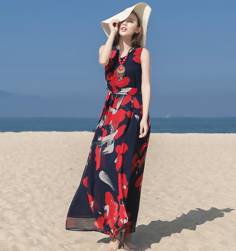 夏季新品女装V领裙子修身雪纺连衣裙海边度假长裙波西米亚沙滩裙 