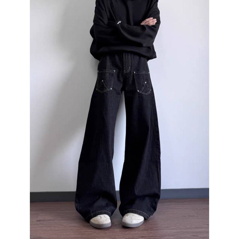 American Retro Washed Distressed Reverse-Wear Deconstructed Jeans Unisex Trendy High Street Loose Wide-Leg Design Long Pants American Retro Washed Distressed Reverse-Wear Deconstructed Jeans Unisex Trendy High Street Loose Wide-Leg Design Long Pants