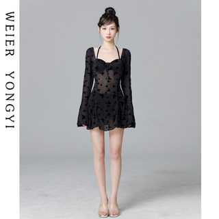 泳衣女高级感性感纯欲长袖连体裙式遮肚挂脖小胸聚拢温泉度假泳装