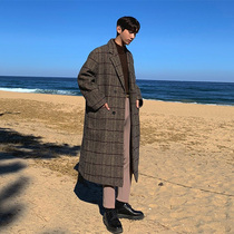 New winter wool coat mens long over-the-knee Korean version of wool plaid coat mens loose thickened mens coat