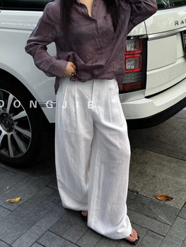 Dongjie dongjie commuting simple wide-leg versatile trousers cotton and linen wide-leg pants white large size trousers for women 5001