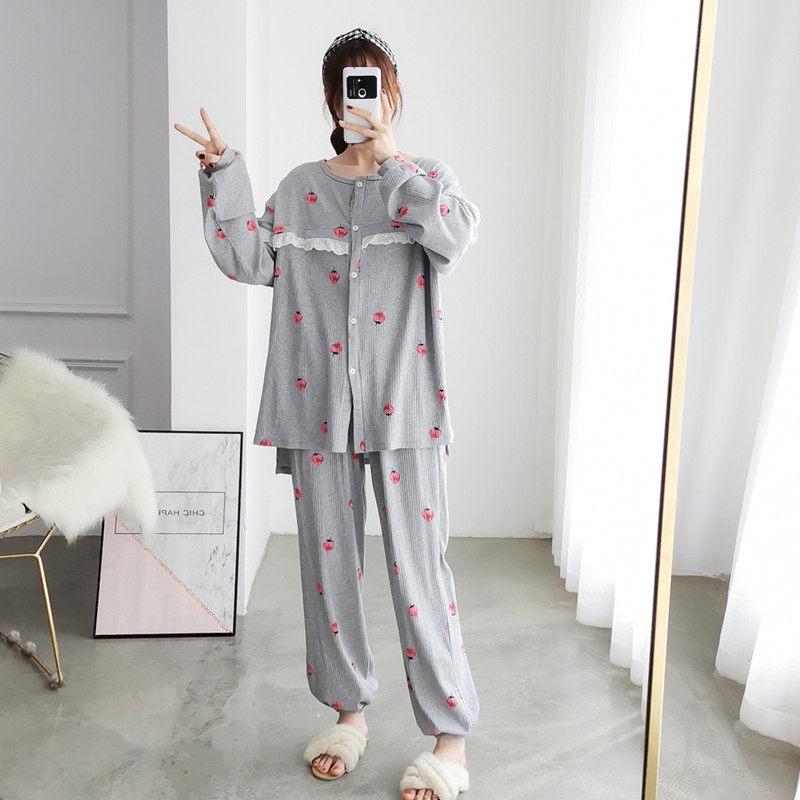 Spring and Autumn Maternity Cardigan Strawberry Pajamas Women's Long Sleeve Cotton Plus Size Loose Fat MM Postpartum Breastfeeding Confinement Clothes
