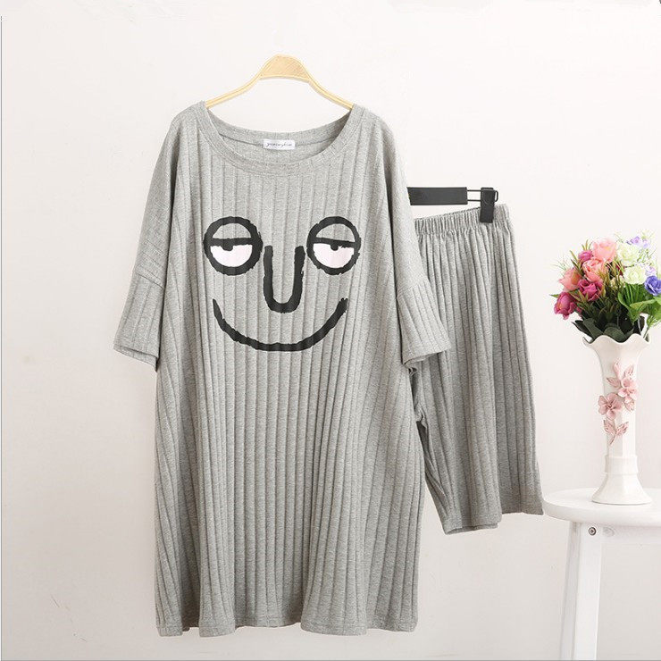 Funny big size couple pajamas for men and women summer loose cotton fat MM200 catties short-sleeved pregnant women's home clothes two-piece suit