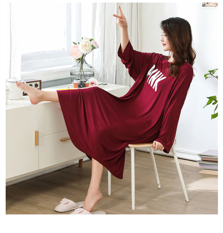 Modal XL ngọt ngào váy ngủ mùa xuân và mùa thu tay dài đoạn dài cộng với MM200 kg chất béo phục vụ tại nhà nữ váy ngủ sexy