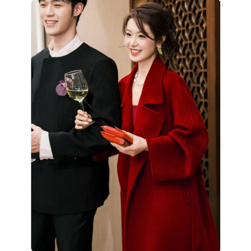 Bride's Red Double-Sided Wool Coat, Mid-Length, for New Year's Eve, Wedding, Toast Attire, Homecoming Woolen Coat Bride's Red Double-Sided Wool Coat, Mid-Length, for New Year's Eve, Wedding, Toast Attire, Homecoming Woolen Coat