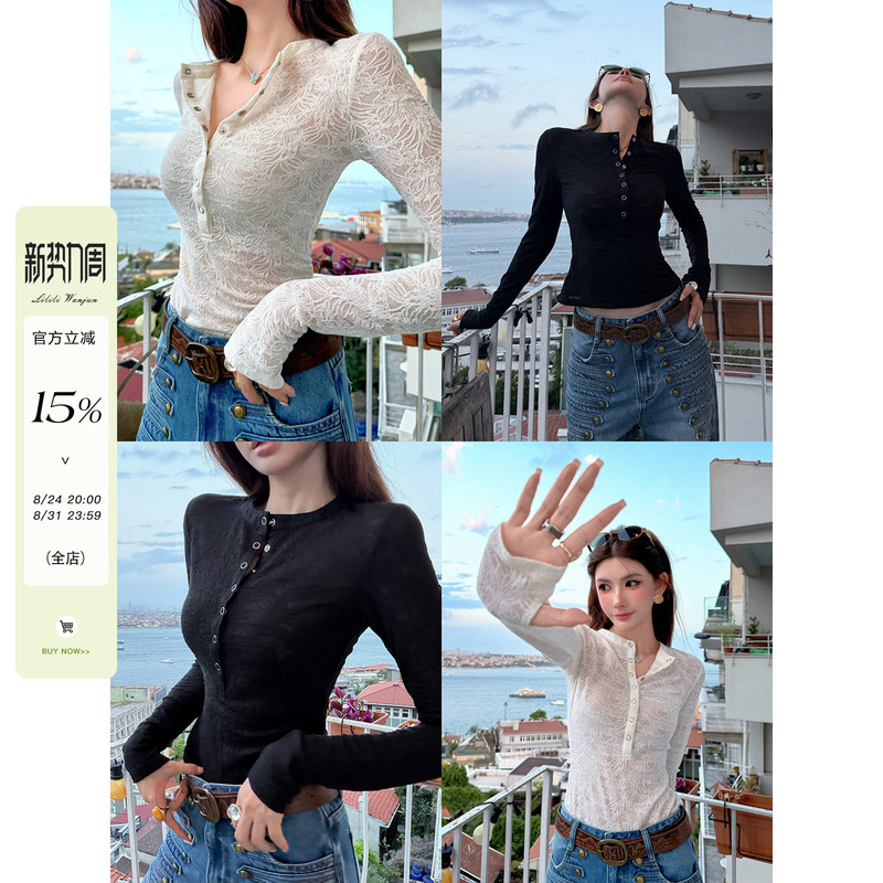 Li Wanjun Pure Desire Lace Jacquard Slimming Long-Sleeve Top for Women, Autumn Style, Petite Chic Outfit, Henry Collar Slightly Sheer Base Shirt