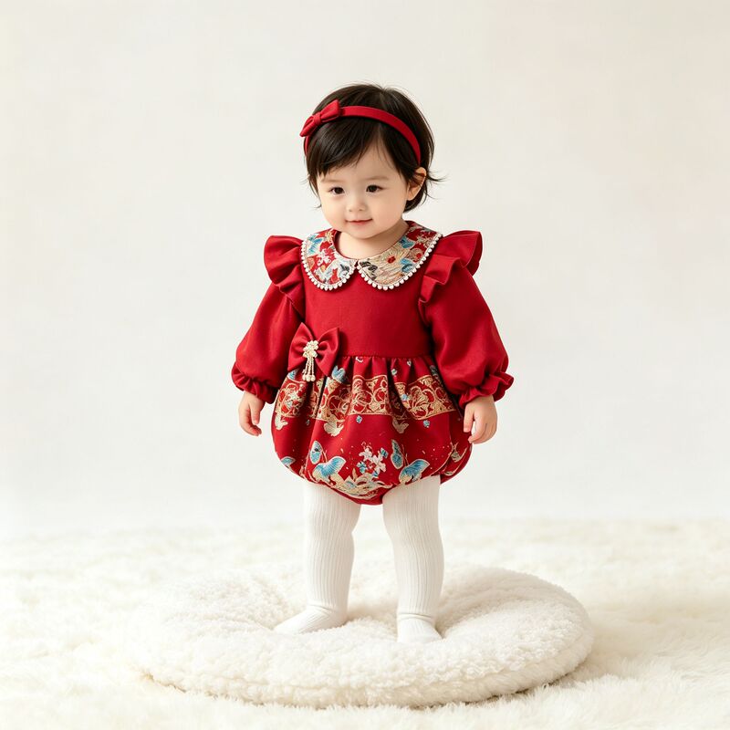 Chinese Style Red Pearl Doll Collar Jumpsuit Autumn and Winter New Style Puff Long Sleeve Bow Romper Jumpsuit Chinese Style Red Pearl Doll Collar Jumpsuit Autumn and Winter New Style Puff Long Sleeve Bow Romper Jumpsuit