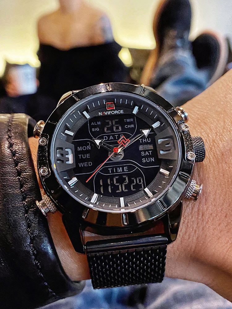 Lingxiang HORLOGE Mesh Stalen Band Trendy Multifunctioneel Dual Display Waterdicht Sporthorloge Heren Grote Wijzerplaat_voghion.com