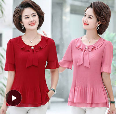 Mom's 2022 New Summer short-sleeved T-shirt set, middle-aged women's chiffon blouse, slimming and elastic top
