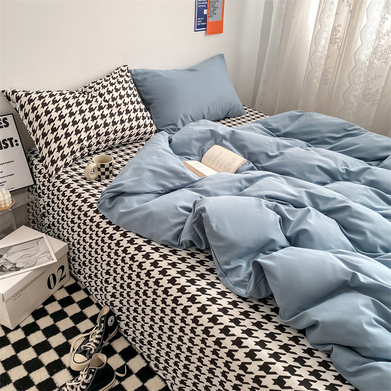 ins Nordic Wind Chessboard Grids Four Pieces of Washed Cotton Quilt Cover Single Dorm Bed Linen Quilt Cover Bed Goods Three Sets