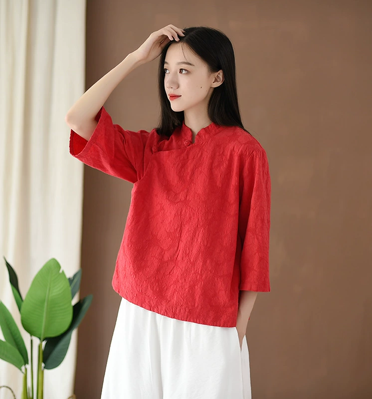 Cộng hòa Trung Quốc nữ sinh viên retro sườn xám hàng đầu mùa hè mới cotton và vải lanh nữ văn học đứng cổ áo sơ mi hoa cao cấp nữ - Áo sơ mi