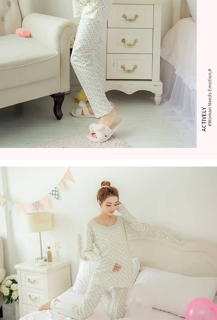 Mang thai nên được mát mẻ quần áo thai sản dịch vụ nhà mùa xuân và mùa thu cotton dài tay cho con bú quần áo mùa thu quần áo phù hợp với ăn quần áo tháng quần áo quần áo bầu đẹp