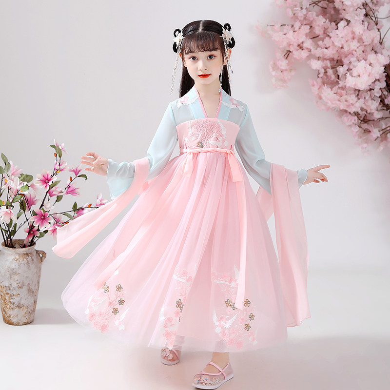 Girls' Chinese style super fairy costume dress children's fairy ancient style long-sleeved cherry blossom Hanfu Tang suit skirt spring and autumn