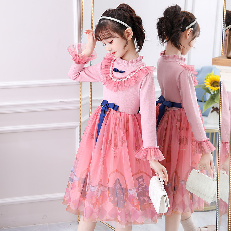 Girl's Spring and Autumn Ocean Dress Roletta Korean Ensemble Children's Dress Children Skirt Sweater Big Red Long Sleeve Princess Dress