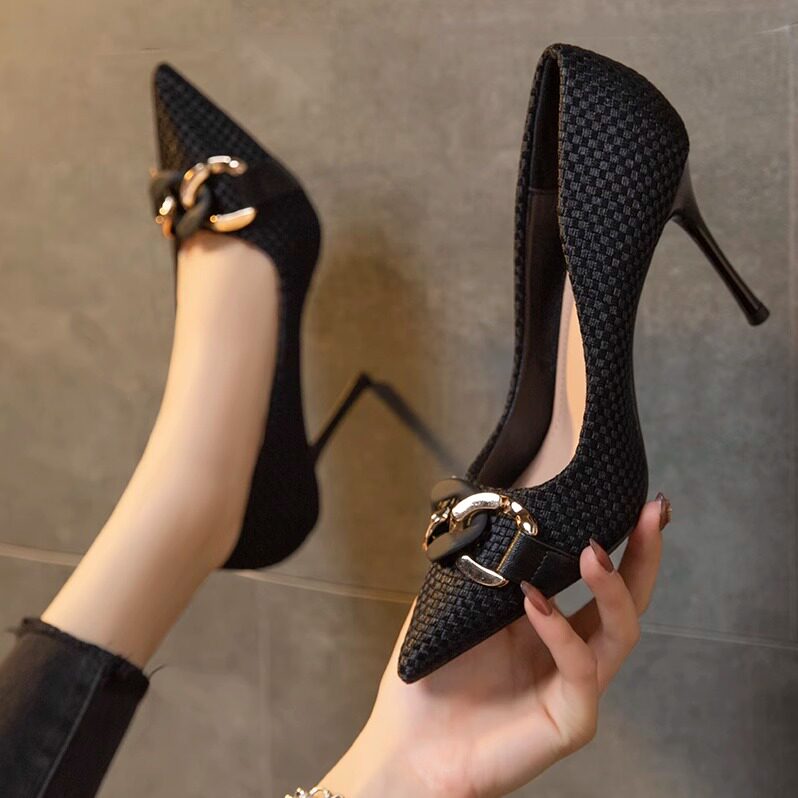 European and American socialite style black luxury banquet high heels for women, new autumn style, pointed toe, stiletto heel, woven breathable single shoes.