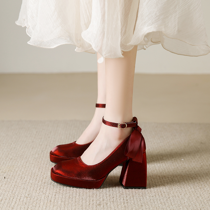 French-Style Petite High-Heeled Shoes for Women, Chunky Heel, Red Xiuhe Wedding Shoes, Bride Shoes, 2026 Spring Style, Square-Toe Single Shoes