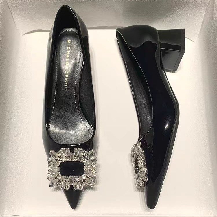 Patent Leather Shallow Mouth Professional Shoes for Women, 2025 Autumn Commuting Black Rhinestone Versatile Pointed Toe Work High Heels