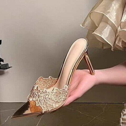 2026 New Pointed-Toe Banquet High-Heeled Shoes for Women, Embroidered Stiletto Heels, Champagne Gold Embroidered High-Heeled Sandals and Slippers