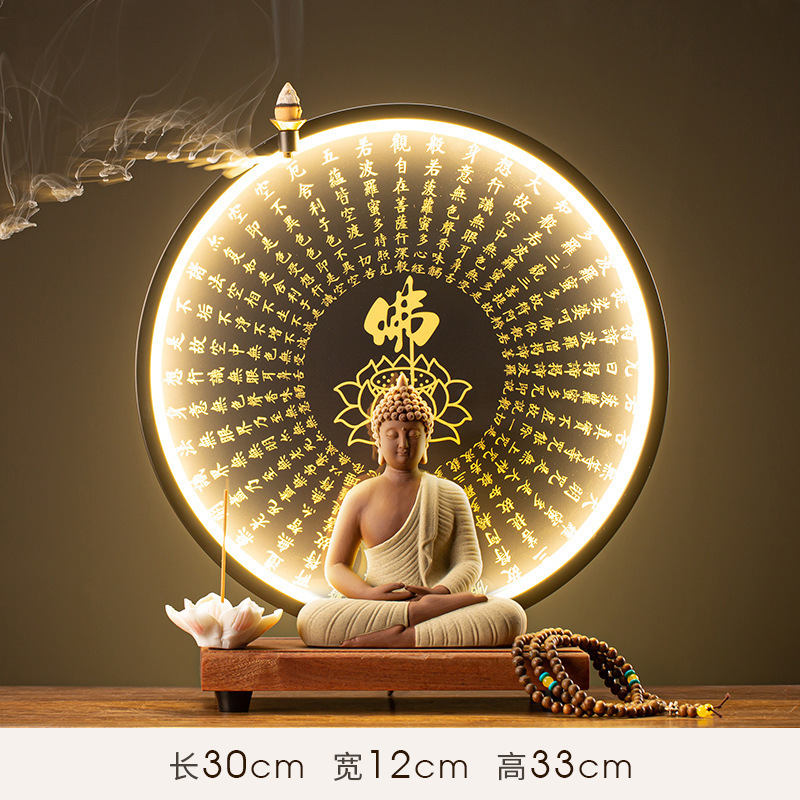 Ceramic Zen-Style Buddha Statue with Incense Burner, Decorative Piece for Living Room Coffee Table, Office Desk, Creative Light Ring Gift