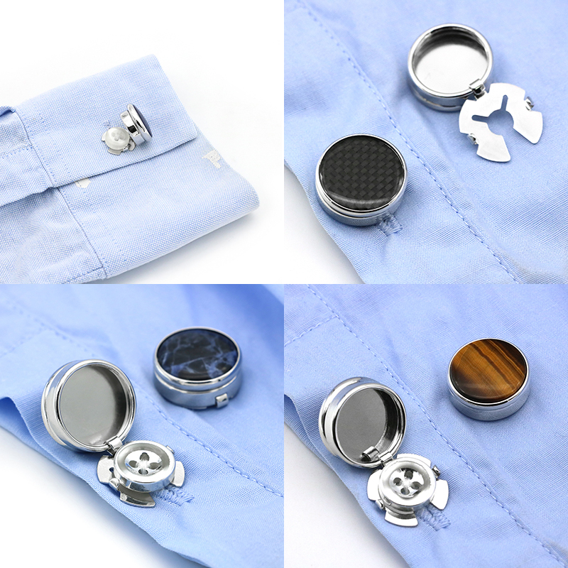 High-Quality New Regular Shirt Cufflinks (Non-French Style) Original Handmade Sapphire Amber Stone Carbon Fiber Buttons