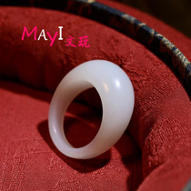 Xinjiang Hotan seed material first-grade fat white mature oil glutinous meat egg round running ring handmade ring ring gift collection