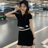 Летняя короткая поясная сумка, юбка, комплект, изысканный стиль, по фигуре, воротник поло, высокая талия