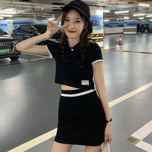 Летняя короткая поясная сумка, юбка, комплект, изысканный стиль, по фигуре, воротник поло, высокая талия