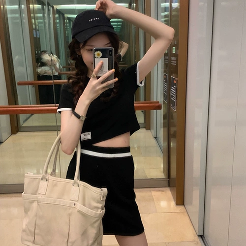 Летняя короткая поясная сумка, юбка, комплект, изысканный стиль, по фигуре, воротник поло, высокая талия