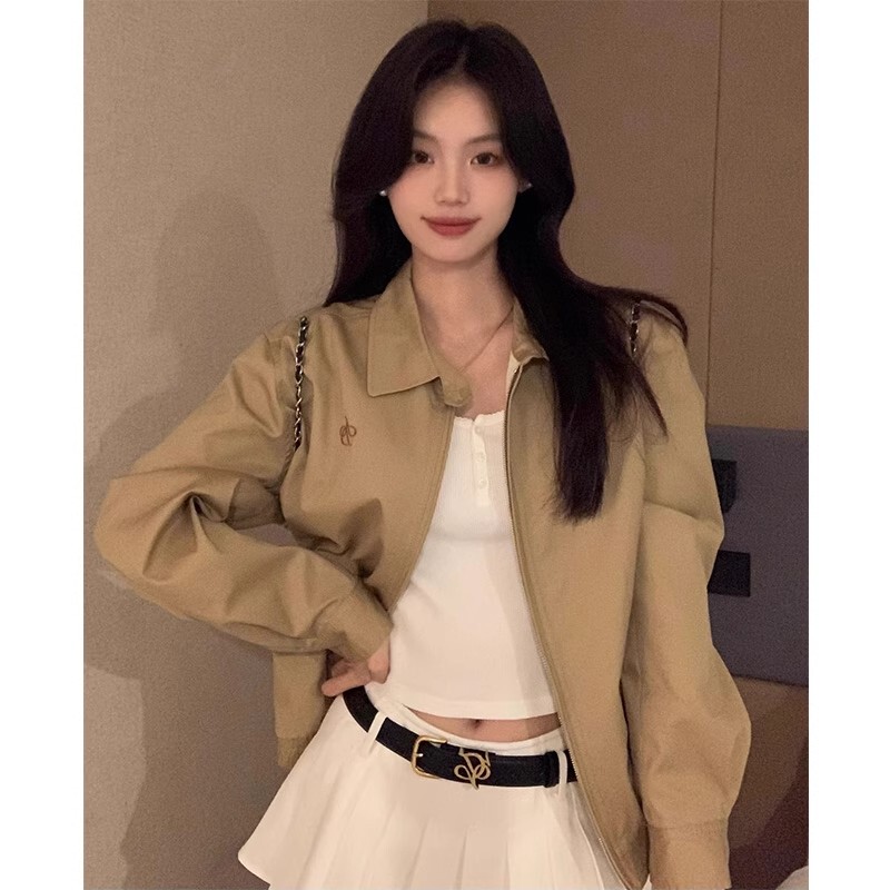 High-End Khaki Short Jacket for Petite Women, Spring and Autumn Vintage Style, Slimming, Loose-Fitting Workwear Jacket Top