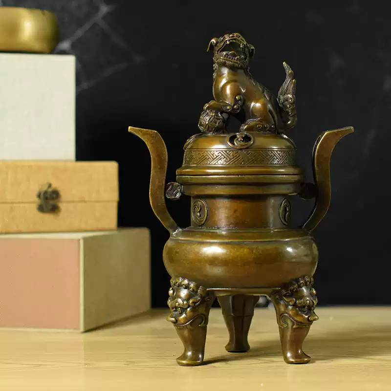 铜 細工 狮子头十二支熏炉 三足香炉茶道香炉 装饰品 工艺品 置物 纯铜三足室内家用高档熏香炉狮子盖客厅摆件香炉复古处理