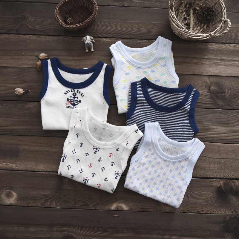 3-piece Japanese children's vest, baby boy's cotton hollow jacquard mesh sleeveless bottoming pajamas thin summer