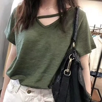 Áo thun cotton ngắn tay cotton nữ 2018 hè mới phiên bản Hàn Quốc của áo thun cổ chữ V hoang dã rộng kích thước lớn màu trơn top top áo thun tay dài nữ