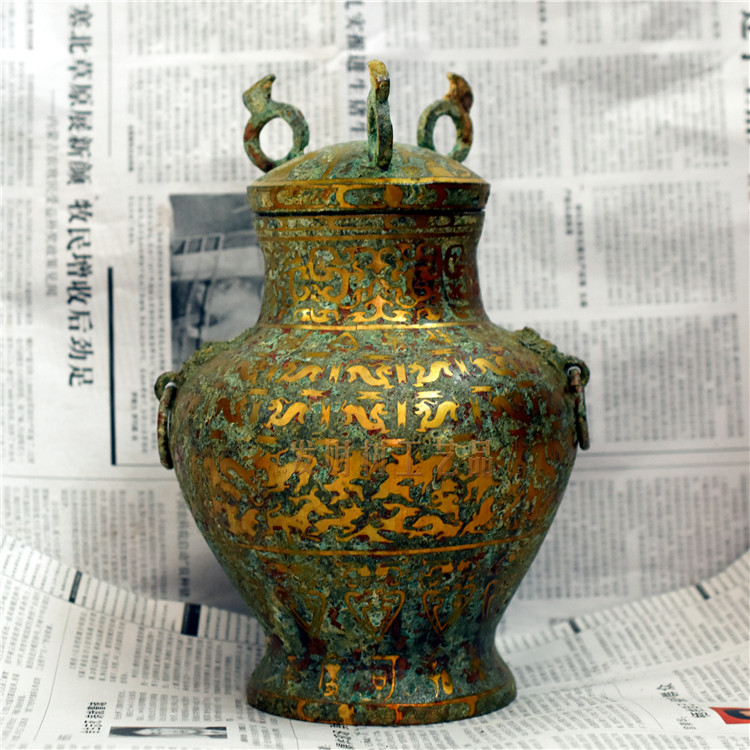 Tianjin Antique Bronze Wrong Gold Double Ring Three Phoenix Bottle Retro Dining Room Hotel Decoration Art Purchase Copper Decoration