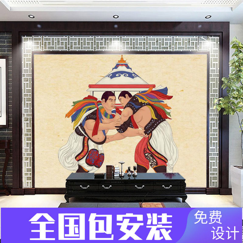 Mongolian elemental wallpaper customized into the national style of Guis Khan Wallpaper Nadamu wrestling ride background murals