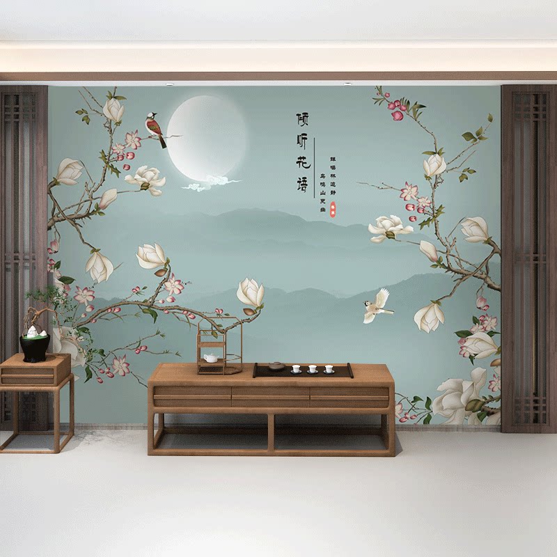 New Chinese Jade Orchid TV Background Wall Wallpaper Flower Bird Bedroom Living Room Wallpaper China Traditional Vintage Wind Fresco